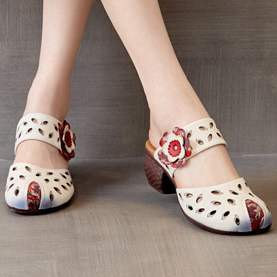 Summer Retro Hollow Leather Chunky Heel Sandals Apr 2023 New Arrival 