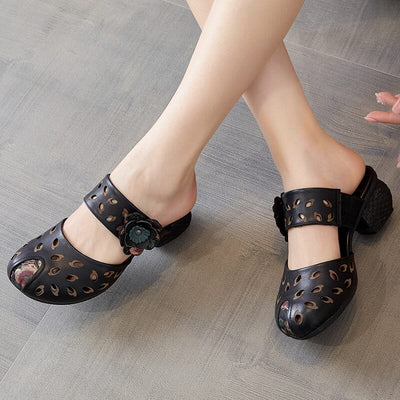 Summer Retro Hollow Leather Chunky Heel Sandals Apr 2023 New Arrival 
