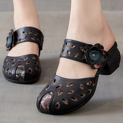 Summer Retro Hollow Leather Chunky Heel Sandals Apr 2023 New Arrival Black 35 