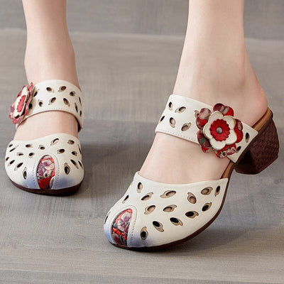 Summer Retro Hollow Leather Chunky Heel Sandals