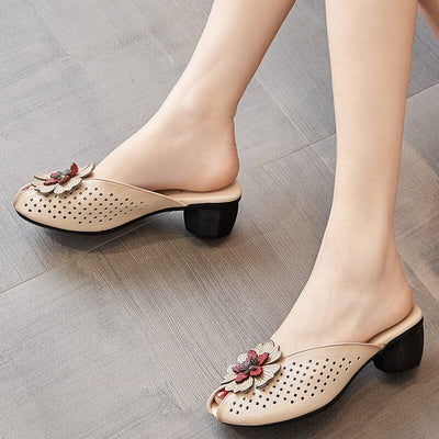 Summer Retro Hollow Leather Chunky Heel Slides Shoes