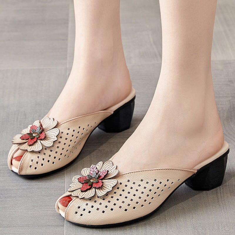 Summer Retro Hollow Leather Chunky Heel Slides Shoes