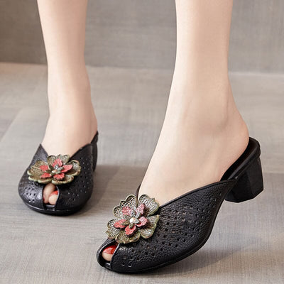 Summer Retro Hollow Leather Chunky Heel Slides Shoes May 2023 New Arrival Black 35 