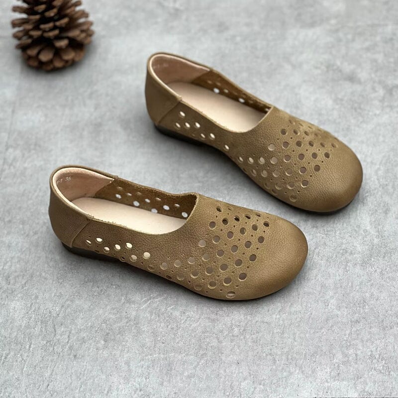 Summer Retro Hollow Leather Flat Casual Shoes Jul 2023 New Arrival Khaki 35 