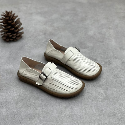 Summer Retro Hollow Leather Flat Casual Shoes May 2023 New Arrival White 35 