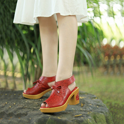 Summer Retro Hollow Leather Handmade Casual Wedge Sandals