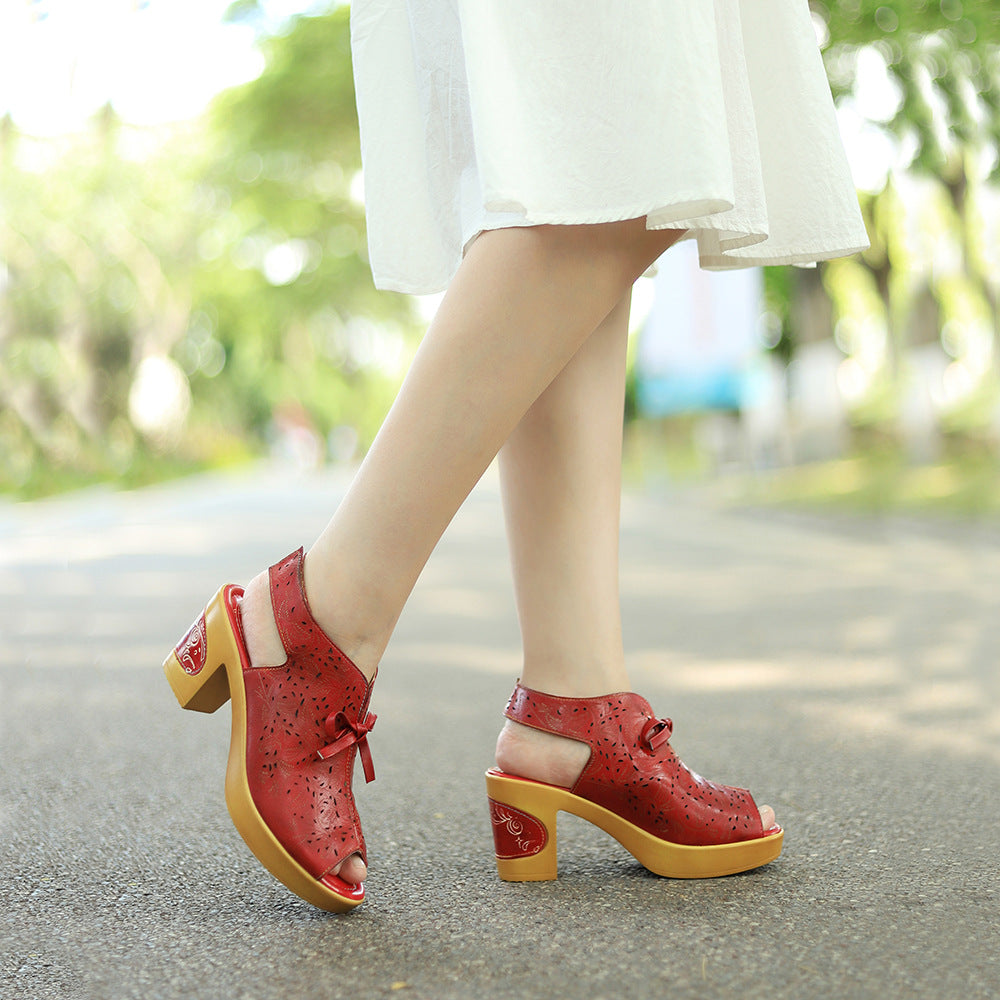 Summer Retro Hollow Leather Handmade Casual Wedge Sandals