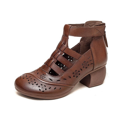 Summer Retro Hollow Leather Heel Sandals