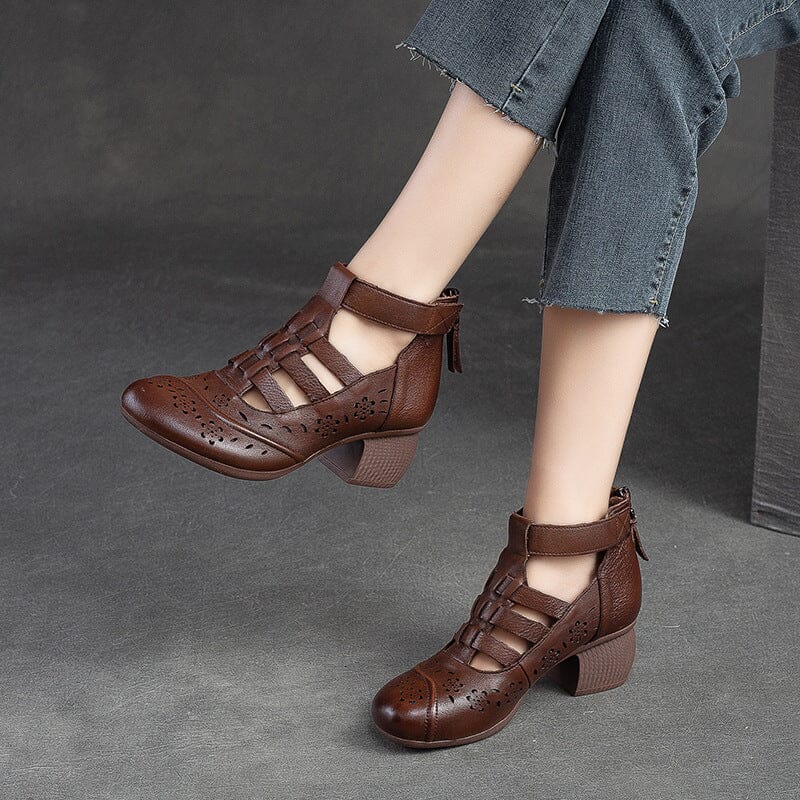 Summer Retro Hollow Leather Heel Sandals Apr 2023 New Arrival 