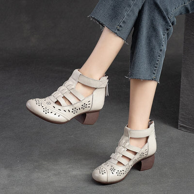 Summer Retro Hollow Leather Heel Sandals Apr 2023 New Arrival 