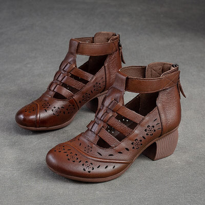 Summer Retro Hollow Leather Heel Sandals Apr 2023 New Arrival Brown 35 