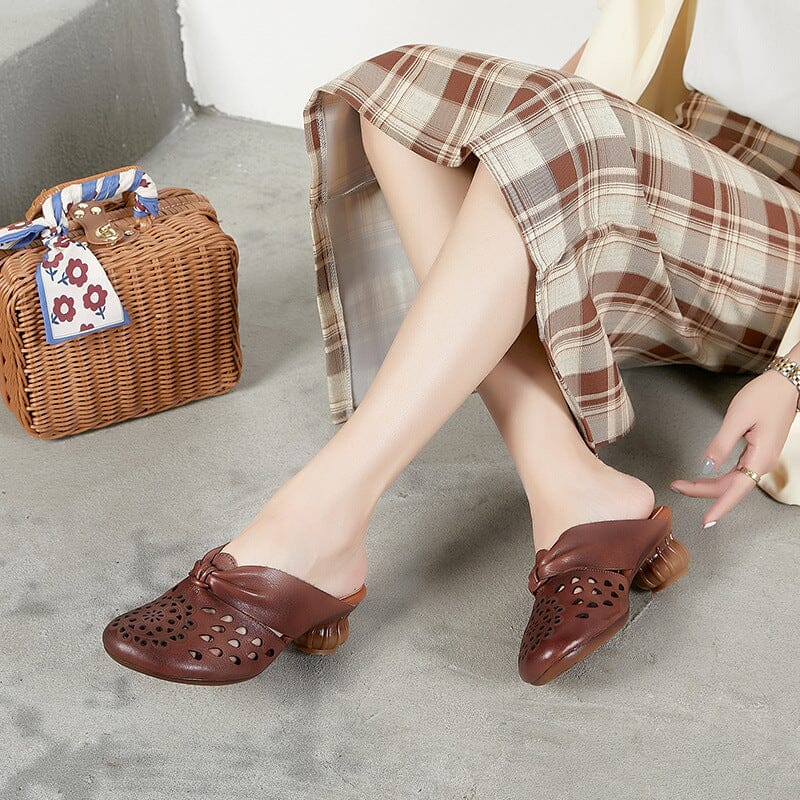 Summer Retro Hollow Leather Heel Slides Shoes