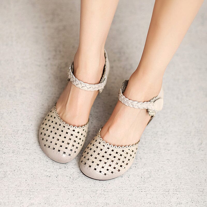 Summer Retro Hollow Leather Low Heel Sandals Mar 2023 New Arrival 