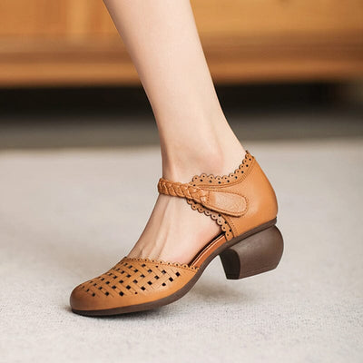 Summer Retro Hollow Leather Low Heel Sandals Mar 2023 New Arrival 