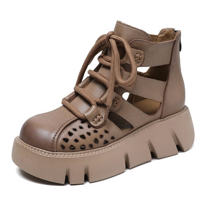 Summer Retro Hollow Leather Platform Casual Sandals Feb 2023 New Arrival Khaki 35 