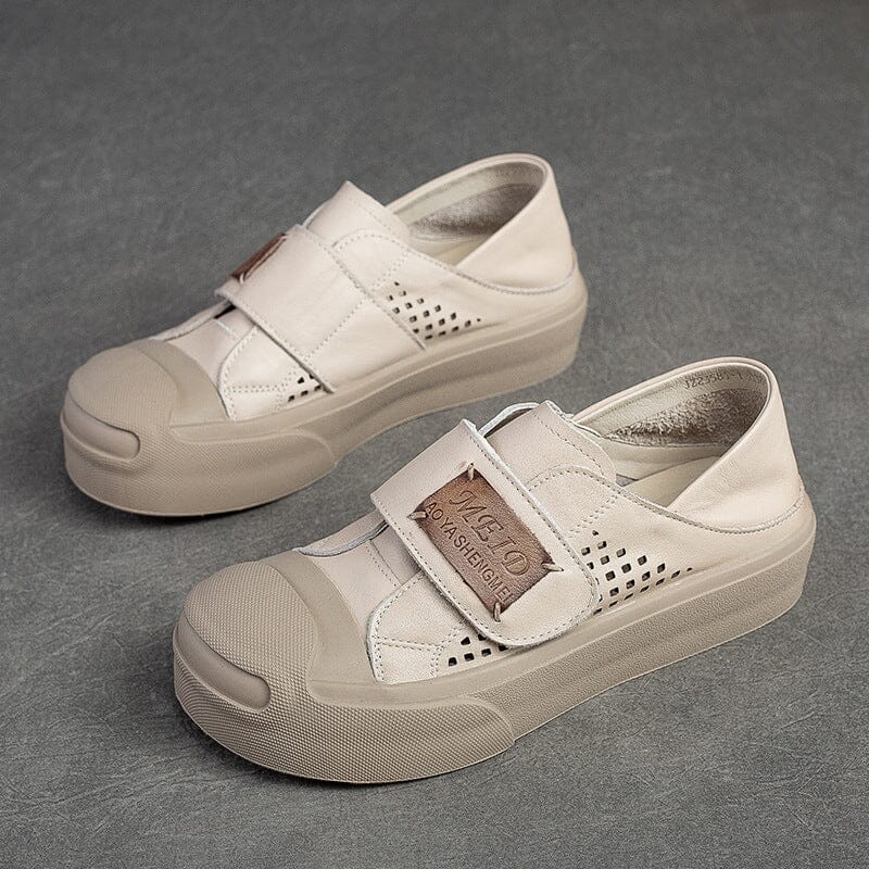 Summer Retro Hollow Leather Velcro Casual Shoes Apr 2023 New Arrival Beige 35 