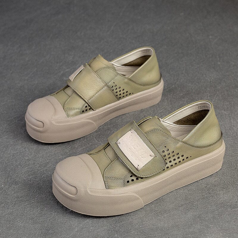 Summer Retro Hollow Leather Velcro Casual Shoes Apr 2023 New Arrival Green 35 