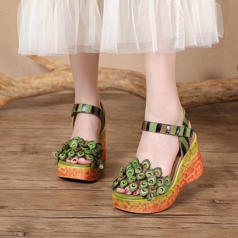 Summer Retro Leather Chunky Wedge Platform Sandals May 2023 New Arrival 
