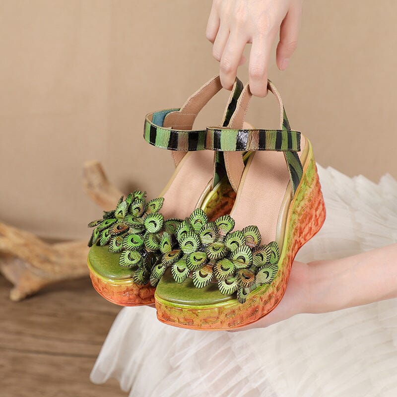 Summer Retro Leather Chunky Wedge Platform Sandals May 2023 New Arrival 