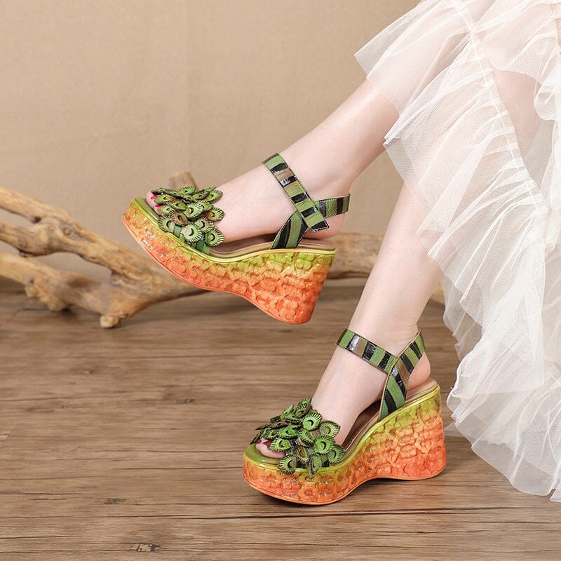 Summer Retro Leather Chunky Wedge Platform Sandals May 2023 New Arrival Green 35 