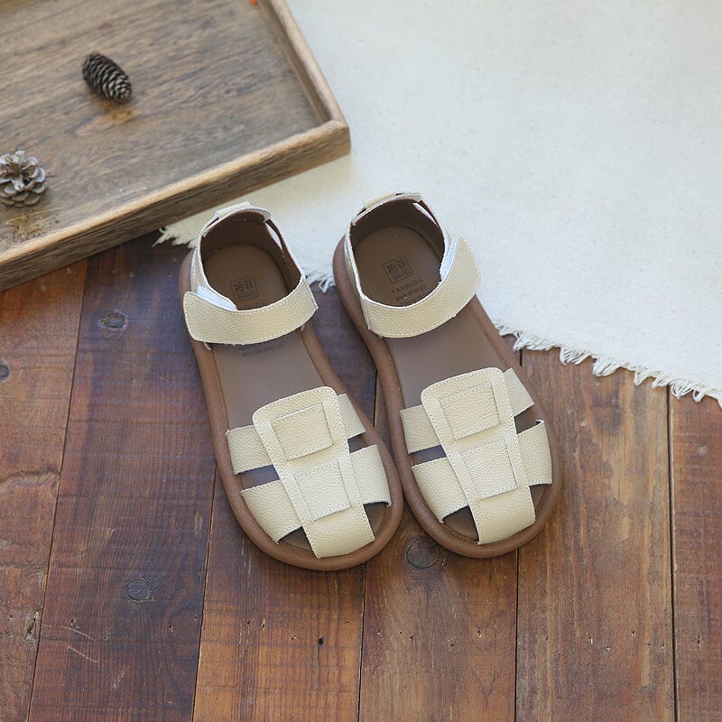 Summer Retro Leather Hollow Flat Sandals Jun 2023 New Arrival 35 Apricot 