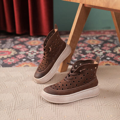 Summer Retro Leather Lace Up Thick Soled Boots Feb 2023 New Arrival Coffee 35 