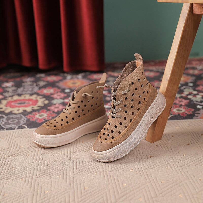 Summer Retro Leather Lace Up Thick Soled Boots Feb 2023 New Arrival Khaki 35 