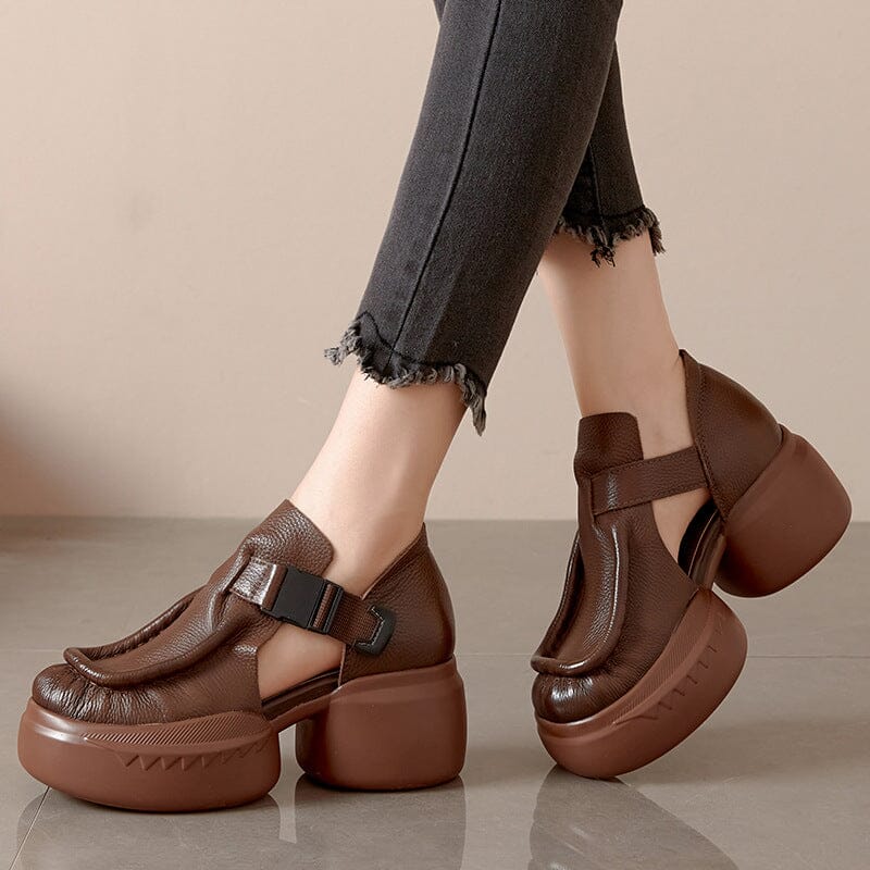 Summer Retro Leather Platform Chunky Heel Sandals