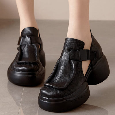 Summer Retro Leather Platform Chunky Heel Sandals Apr 2023 New Arrival Black 34 