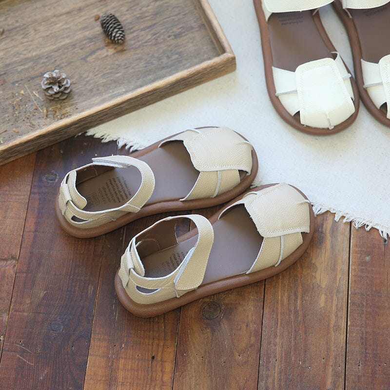 Summer Retro Leather Velcro Tape Flat Sandals