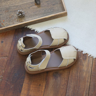 Summer Retro Leather Velcro Tape Flat Sandals May 2023 New Arrival 35 Apricot 