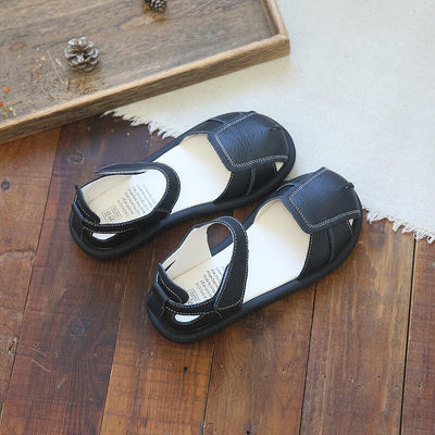 Summer Retro Leather Velcro Tape Flat Sandals May 2023 New Arrival 35 Black 