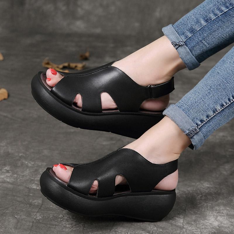 Summer Retro Leather Wedges Women Casual Shoes | Babakud