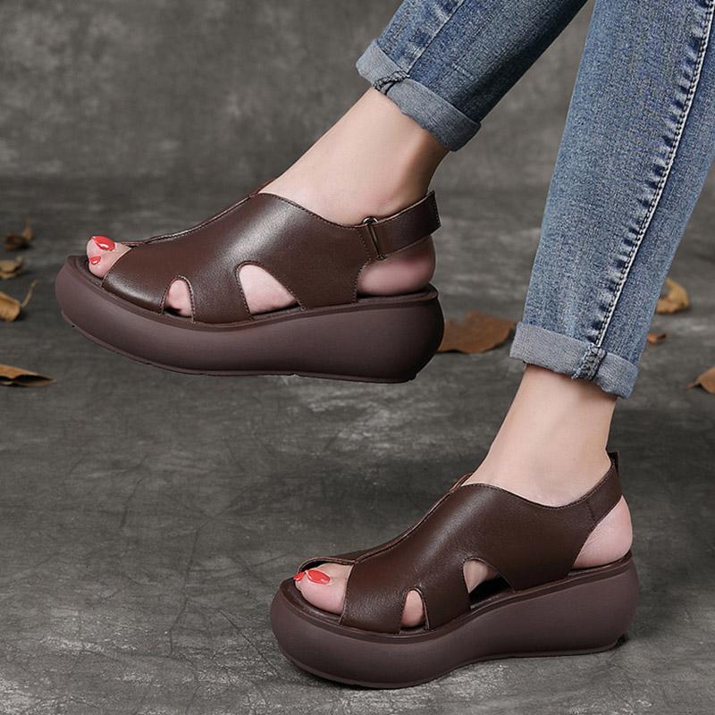 Summer Retro Leather Wedges Women Casual Shoes 2019 May New 34 Coffee 