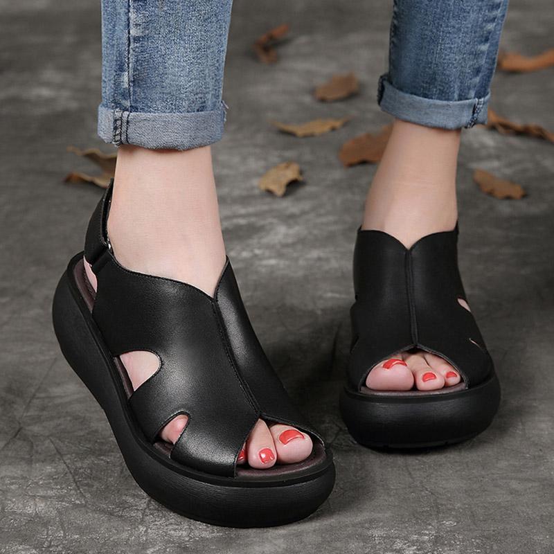 Summer Retro Leather Wedges Women Casual Shoes 2019 May New 