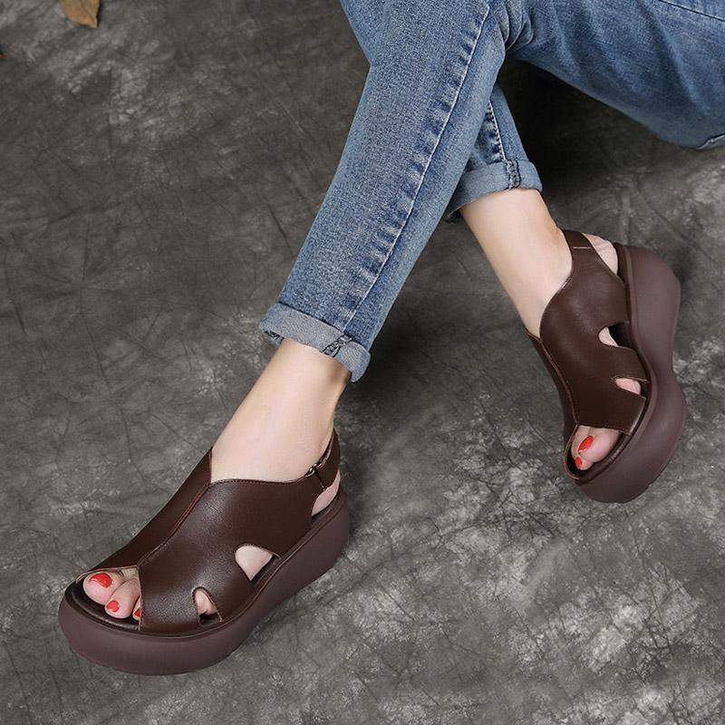 Summer Retro Leather Wedges Women Casual Shoes