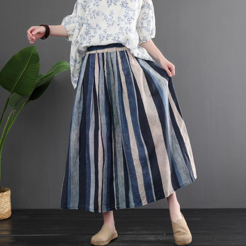 Summer Retro Linen Color Matching Stripes Skirt