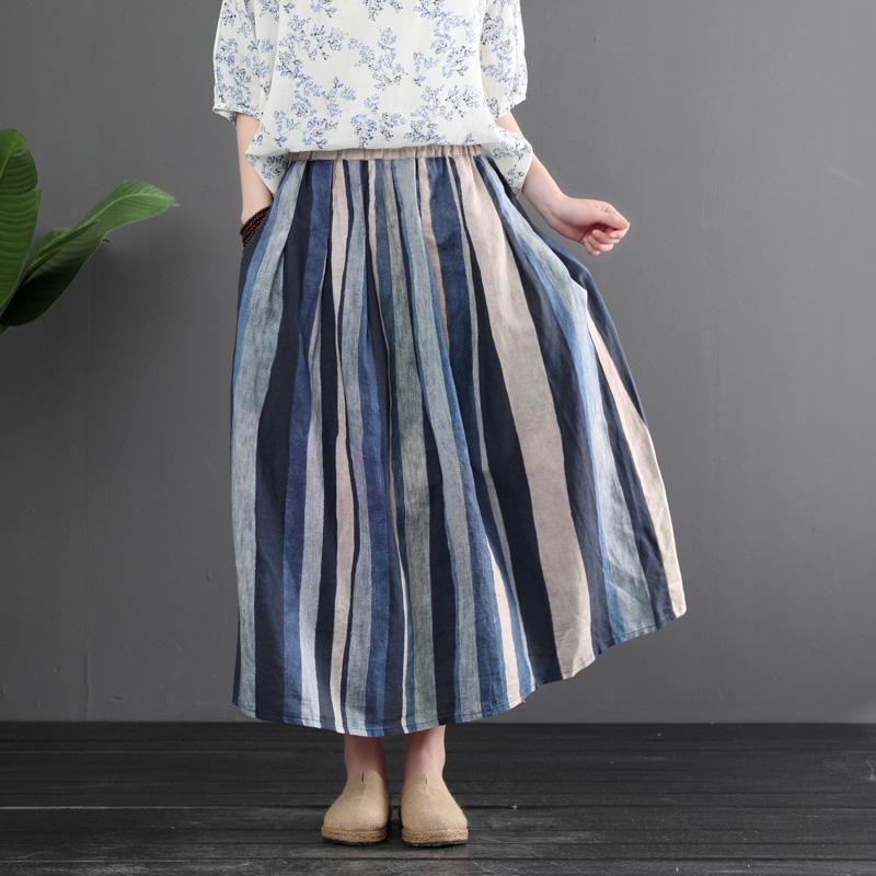 Summer Retro Linen Color Matching Stripes Skirt
