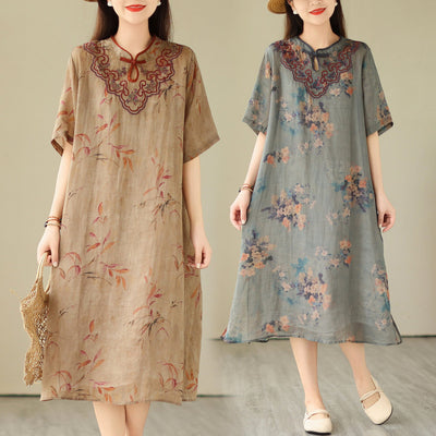 Summer Retro Linen Embroidery Casual Dress