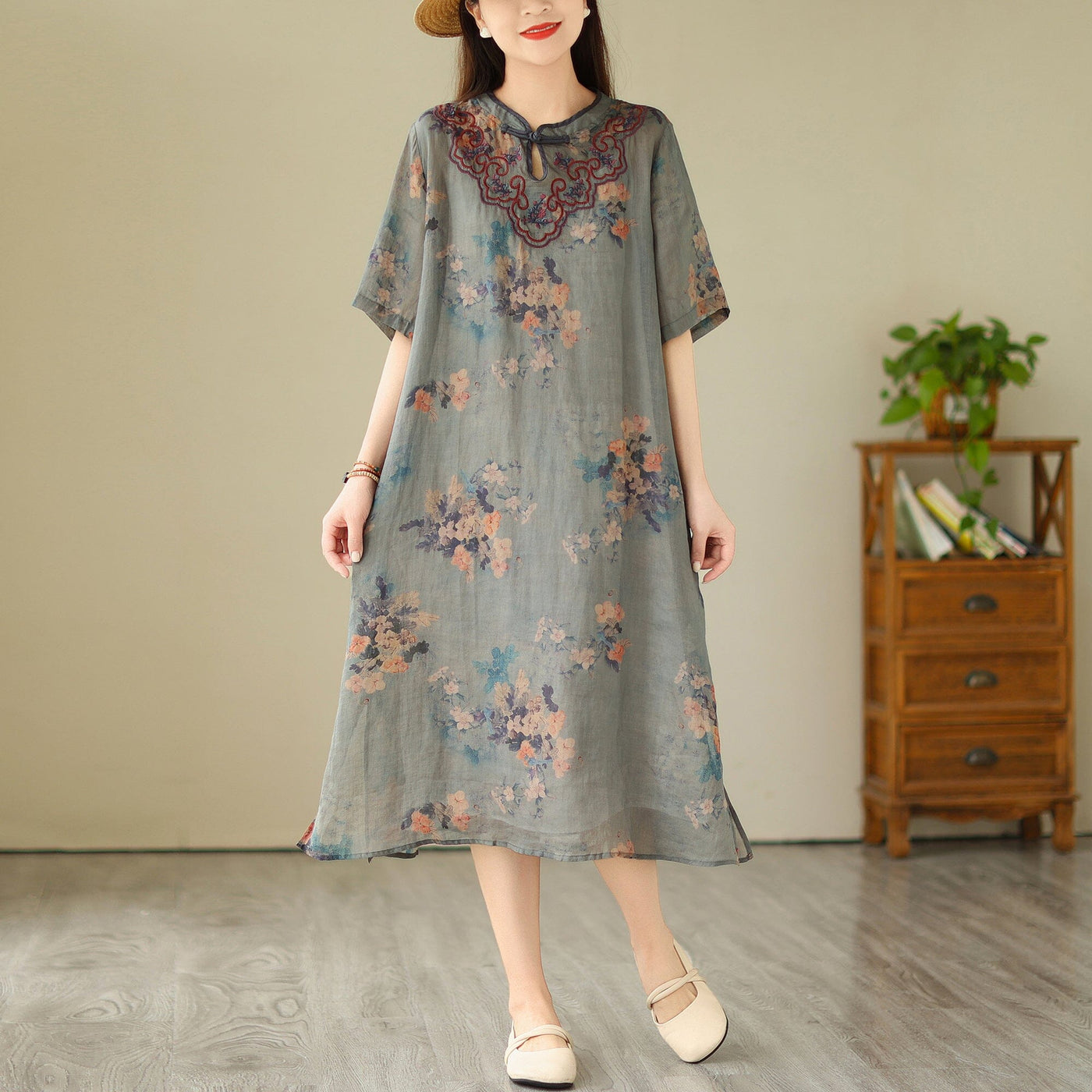 Summer Retro Linen Embroidery Casual Dress Jun 2023 New Arrival M Blue 