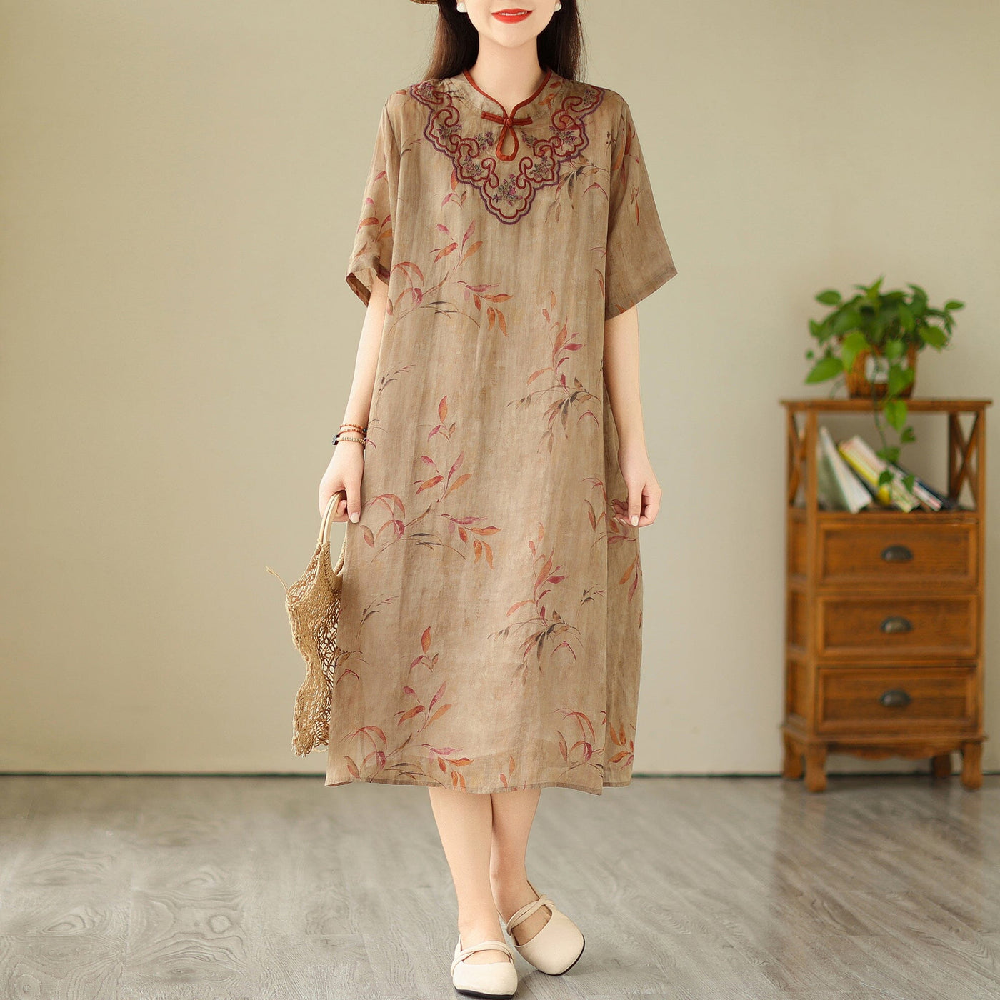 Summer Retro Linen Embroidery Casual Dress Jun 2023 New Arrival M Brown 