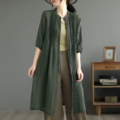 Summer Retro Linen Solid Loose Midi Dress Mar 2023 New Arrival One Size Green 