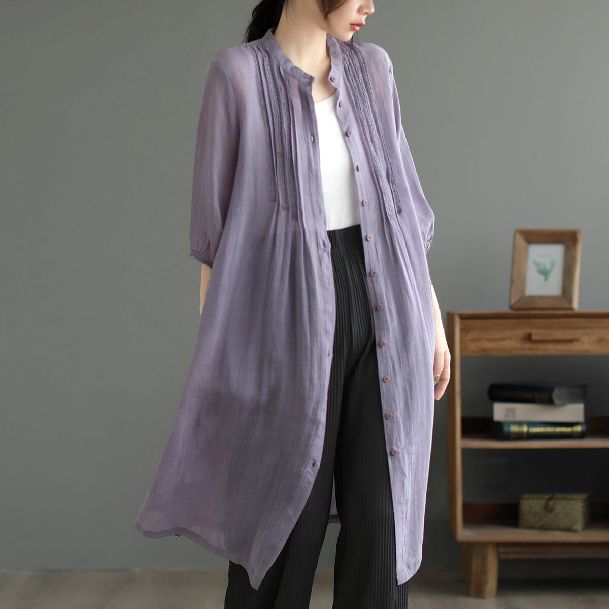 Summer Retro Linen Solid Loose Midi Dress Mar 2023 New Arrival One Size Purple 