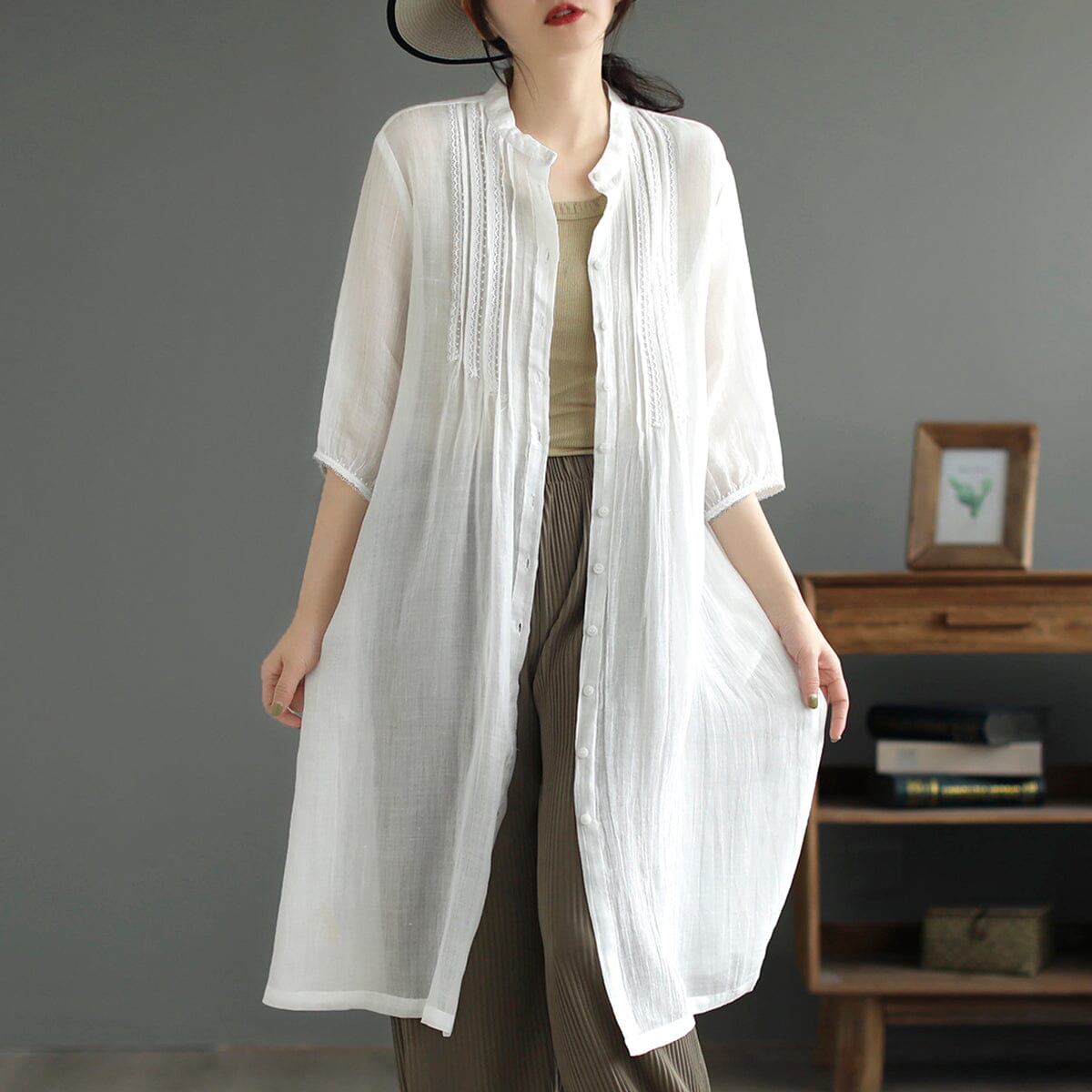 Summer Retro Linen Solid Loose Midi Dress Mar 2023 New Arrival One Size White 
