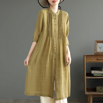 Summer Retro Linen Solid Loose Midi Dress Mar 2023 New Arrival One Size Yellow 