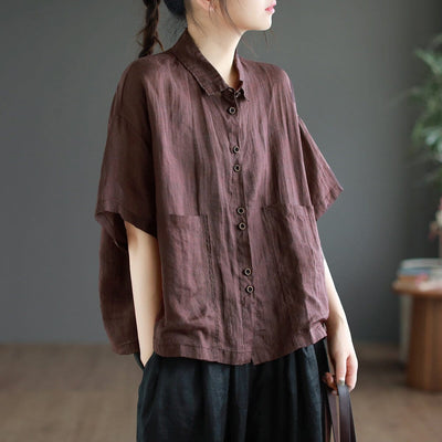 Summer Retro Loose Casual Linen Blouse Jul 2023 New Arrival Coffee One Size 