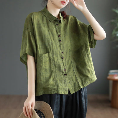 Summer Retro Loose Casual Linen Blouse Jul 2023 New Arrival Green One Size 