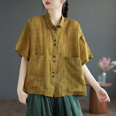 Summer Retro Loose Casual Linen Blouse Jul 2023 New Arrival Yellow One Size 