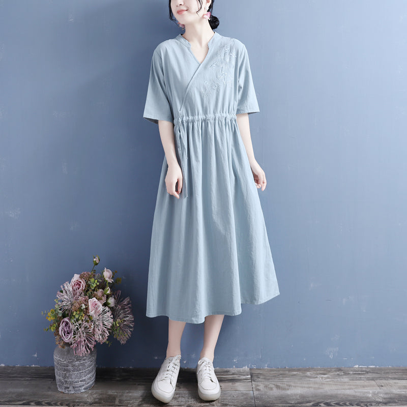Summer Retro Loose Casual Solid Cotton Linen Dress May 2022 New Arrival One Size Blue 