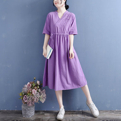 Summer Retro Loose Casual Solid Cotton Linen Dress May 2022 New Arrival One Size Purple 